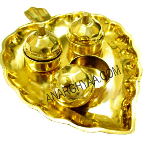 Brass kumkum container with leaf plate, brass puja items, anarghyaa.com, puja items and puja accessories