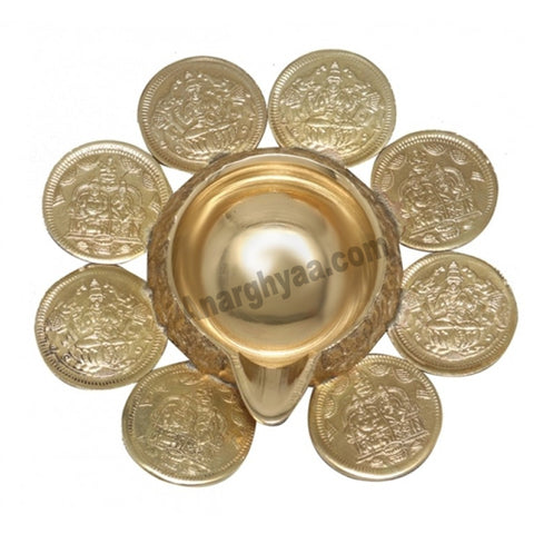Brass Kuber Lamp with Lakshmi Coins, brass lamps, Kubera diya, anarghyaa.com
